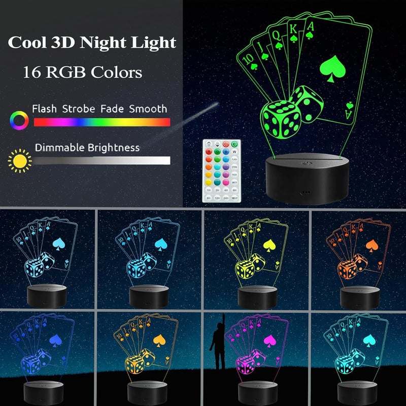 Posshe Poker Night Light, 3D Illusion Lamp with 16 Colors Changing, Timer, 4 Flash Modes and Dimmable, Poker Cards Decor Playing Cards Dice for Casino Decorations, Man Cave Lights Poker Accessories - Image 2